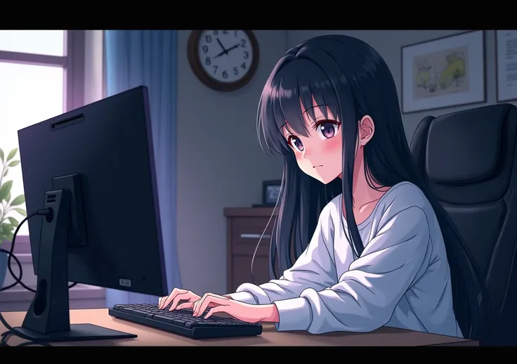 adult anime character a long white shirt and long black hair 2d playing games on pc