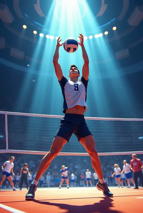 

Visualize the classic volleyball, with its white and blue panel design, Just a bright ray falls down from the top touching the ball and giving more energy Right below the ball, A male player prepares to finish by jumping The player, dressed in a sports s...