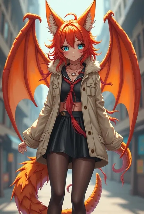 A slender and tall femboy with blue eyes with black squirrels and white pupils, red hair, orange fox ears on head, dragon wings on his back covered with orange fluff, a long dragon tail covered with orange fur with a red tassel at the end of the tail. Many...