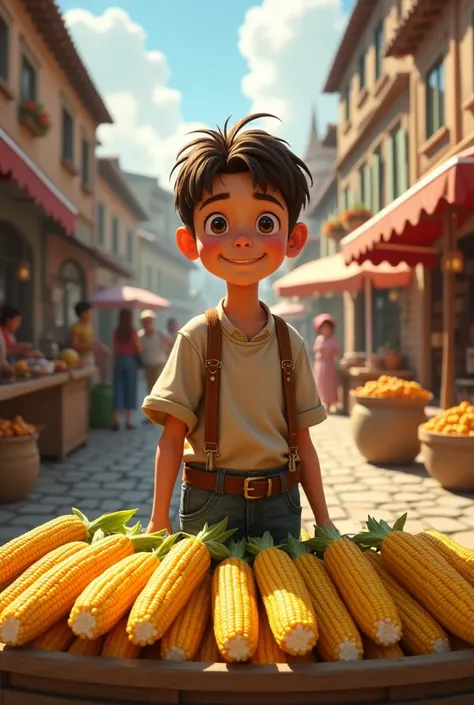 The boy sell corn at market 