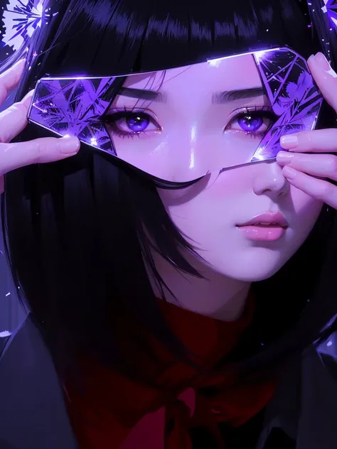 purple and black painting of a Japanese woman with a piece of mirror covering her eyes as if it were a mask, in this piece of mirror are reflected the dark eyes of a young Japanese man, snowflakes fall on them, a tear runs down the girls face, a dramatic s...