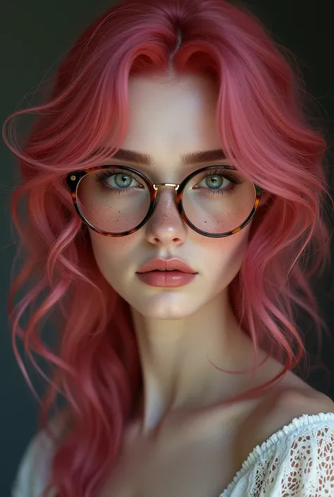 Create a human woman with Greek features, of 1,70 tall, with freckles on their face, fuchsia red hair and grayish green eyes and glasses