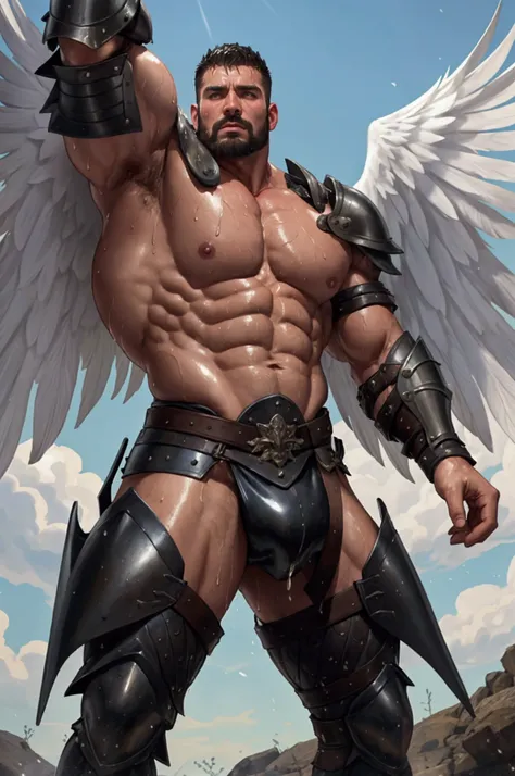 A short-haired, muscular man wearing leather armor with a full frontal view、Highest quality、With arms outstretched on the battlefield、It has large white wings、Pectoralis major、Abdominal muscles、Big macho man、Heavy sweating、Your body is wet