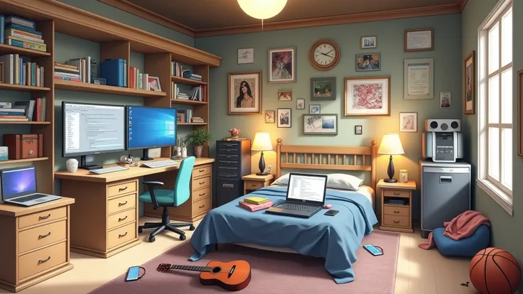 a very large bedroom, one desktop computer with two screens, 2 laptops, 1 phone (no-character:1.4), on the computers screens runs Linux and a development IDE, picture from far, large windows, night outside, one guitar, one basketball ball, clothes thrown o...