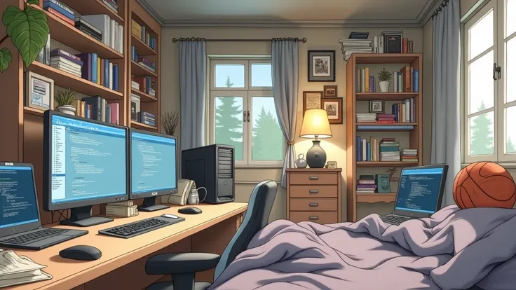 a very large bedroom, one desktop computer with two screens, 2 laptops, 1 phone (no-character:1.4), on the computers screens runs Linux and a development IDE, picture from far, large windows, night outside, one guitar, one basketball ball, clothes thrown o...