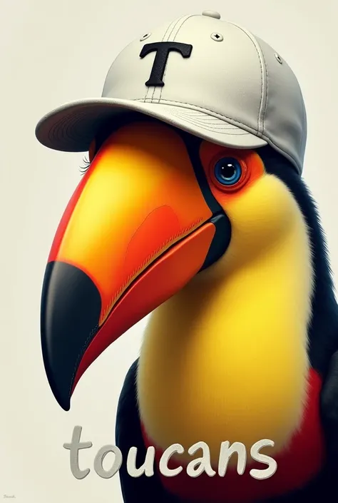 The head of a toucan with a white baseball cap with the letter T on the front and below the head that says TOUCANS