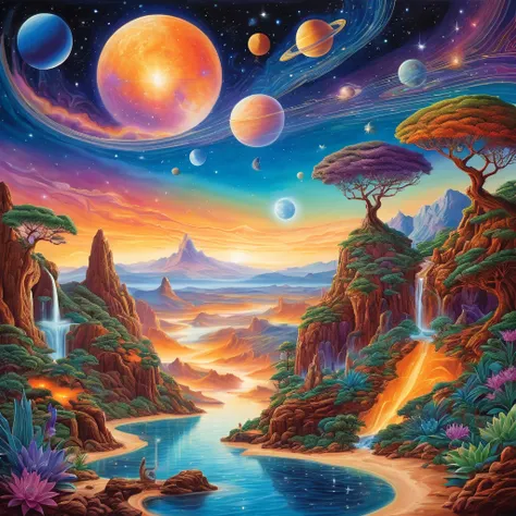 (work of art, highest quallity:1.2), Magical creatures from distant Venus, Zentiva, details Intricate, cosmic energy, dreamy landscape