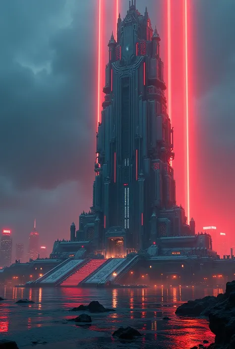 a beautiful palace cyberpunk, aggressive design, rendering 3D, made of plastica and metal, angelic sword themed, futuriatic style, futuriatic night city background, Red Orange and Blue colors, High like a skycraper , aggressive boor design