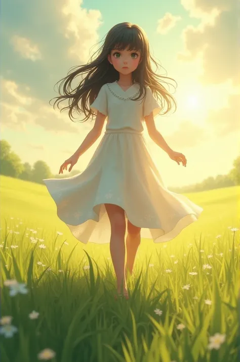 1 girl with sparkling eyes,black hair,wear white dress,walking on the grass field with gentle sunlight