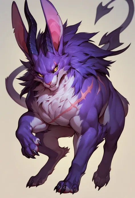 feral demon  rabbit , purple body , yellow pupils ,smile  , claws  ,huge body ,scar on body