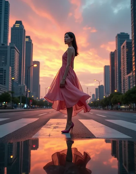 A low-angle, close up portrait of a Korean woman wearing a dress, she is standing and gracefully posing on a zebra cross, wet road, and puddle. The background contains high-detail buildings and skyscrapers. Crowd city. The sky is decorated with clouds and ...