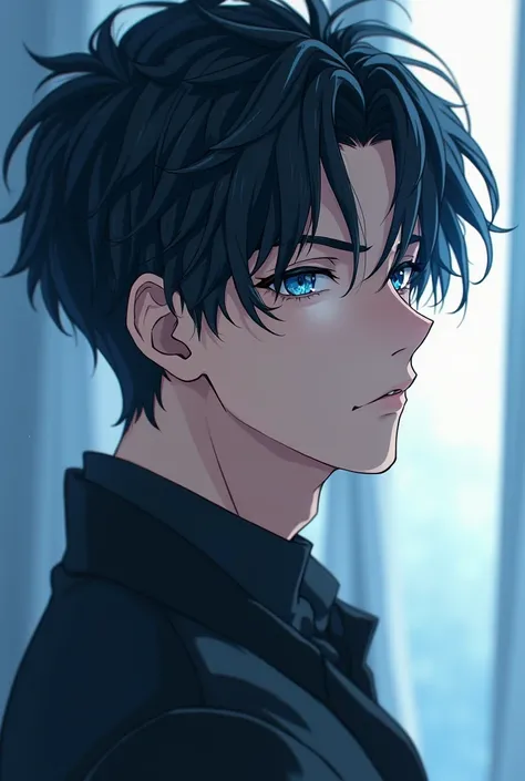 A handsome anime man with dark hair and ocean eyes