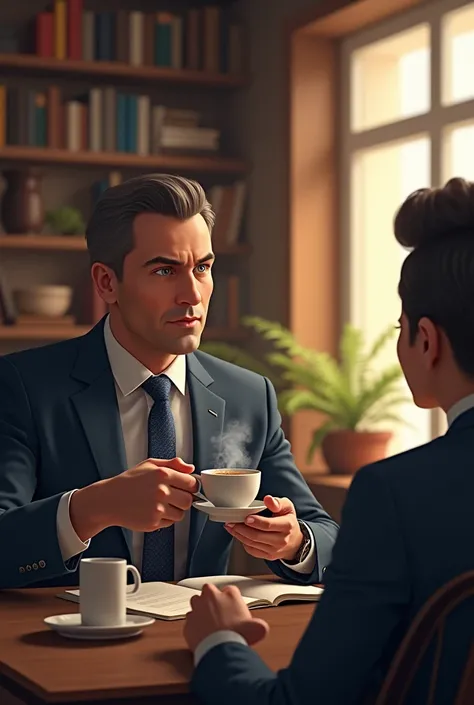 Big but not fat male accountant translator aesthetic drinking tea as he talks to a customer