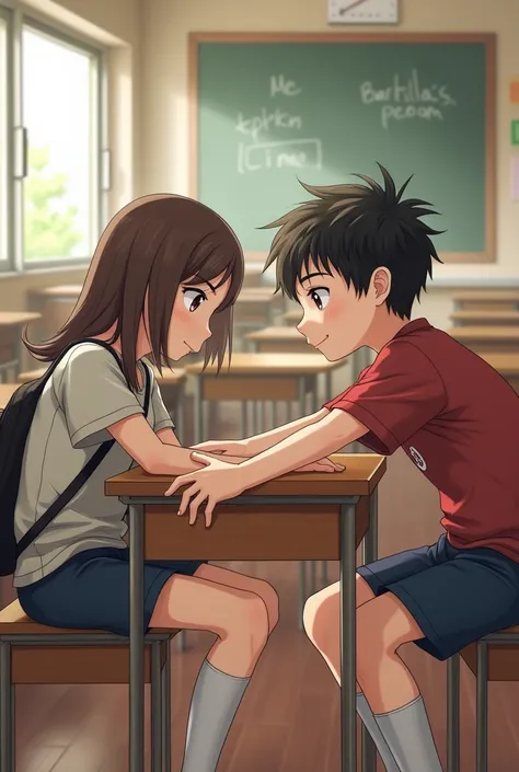 A boy and girl setting together in a classroom but the boy stretch his body towards the girl to get something from her bag which is beside the girl 