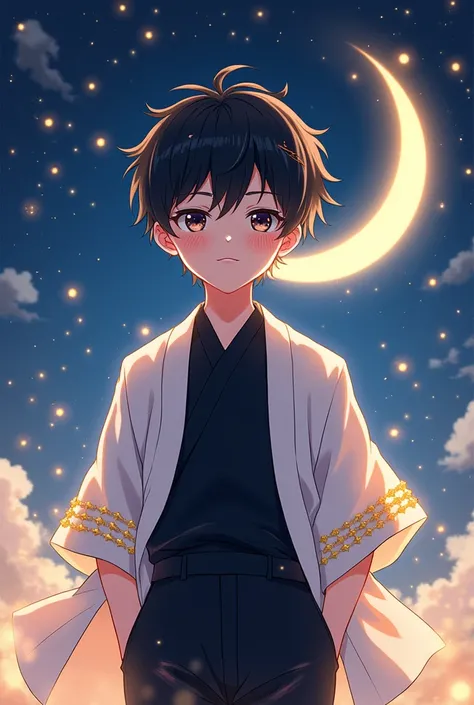 Make a Photo of  a Boy weaeing a black shirt and pant . And a white Haori above it With shiny star design. The boy is bright and his hair is touching his eyebrow.  At back ground night and so many golden star are shining at Middle a Big cresent. A anime ar...