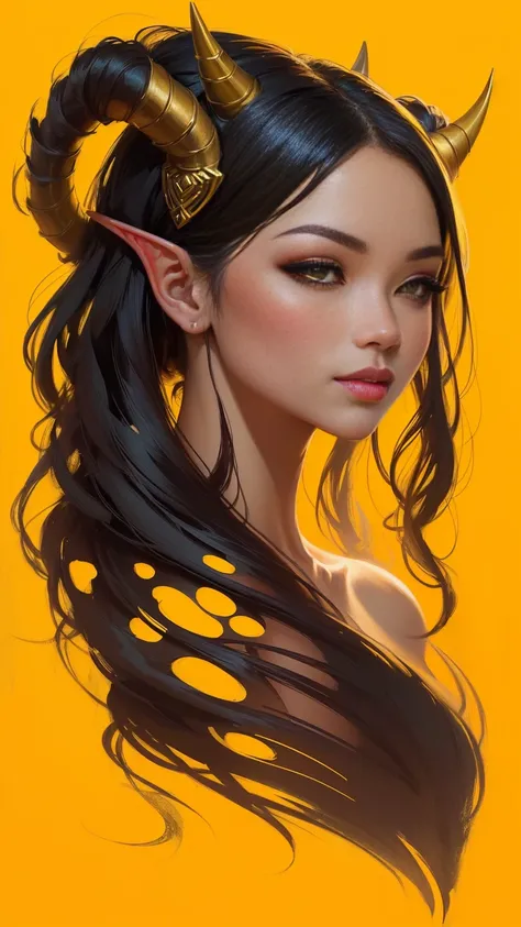 a drawing of a woman with horns and a yellow background, Ross Draws 1. 0, Ross Draws 2. 0, rossdraws | afrofuturism, beautiful character painting, retrato de rossdraws, :: rossdraws, Ross Draws 2. 5, inspirado em Rossdraws, portrait of an elf queen, vibran...