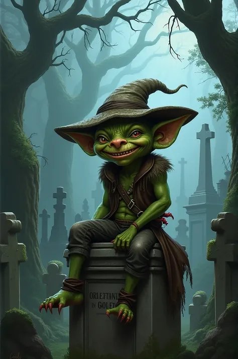 Goblin sitting in a cemetery 