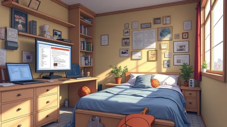 a very large bedroom, one desktop computer with two screens, 2 laptops, 1 phone (no-character:1.4), on the computers screens runs Linux and a development IDE, picture from far, large windows, night outside, one guitar, one basketball ball, clothes thrown o...