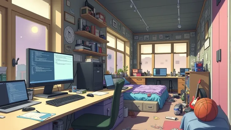 a very large bedroom, one desktop computer with two screens, 2 laptops, 1 phone (no-character:1.4), on the computers screens runs Linux and a development IDE, picture from far, large windows, night outside, one guitar, one basketball ball, clothes thrown o...