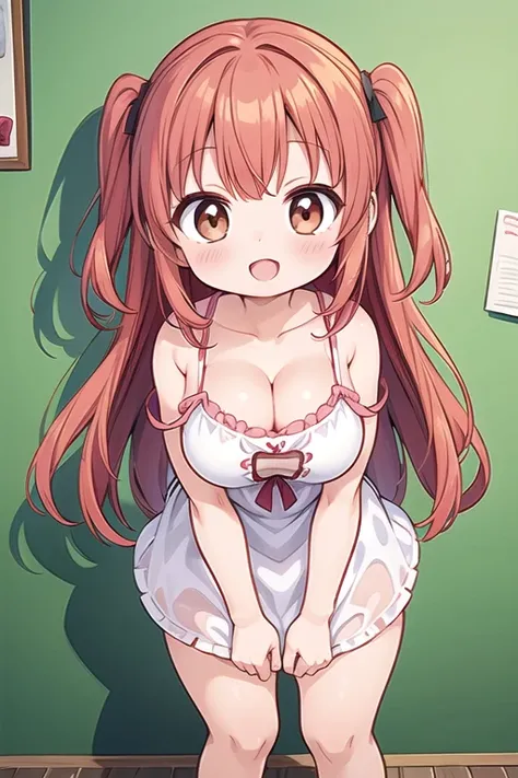 1 Cute naughty toddler Girl, large breasts, thick legs, (two side up, long hair, red hair), brown eyes, (naked:1.2, cleavage), (blush, ;d, yuruyuri), at the adventurers guild, A bulletin board with posted paper