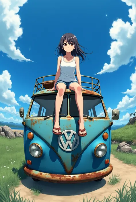 Masterpiece of anime, upper view, fish eye lens, closeup to a teenage Japanese girl 16yrs, bob long hair, wear white tanktop and short jeans, sit with ones legs over other wear sandals shoe, on the roof rack of rusted blue big van, and looking down to came...