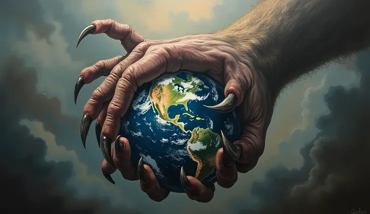 oil painting, clawed hand grasping the Earth