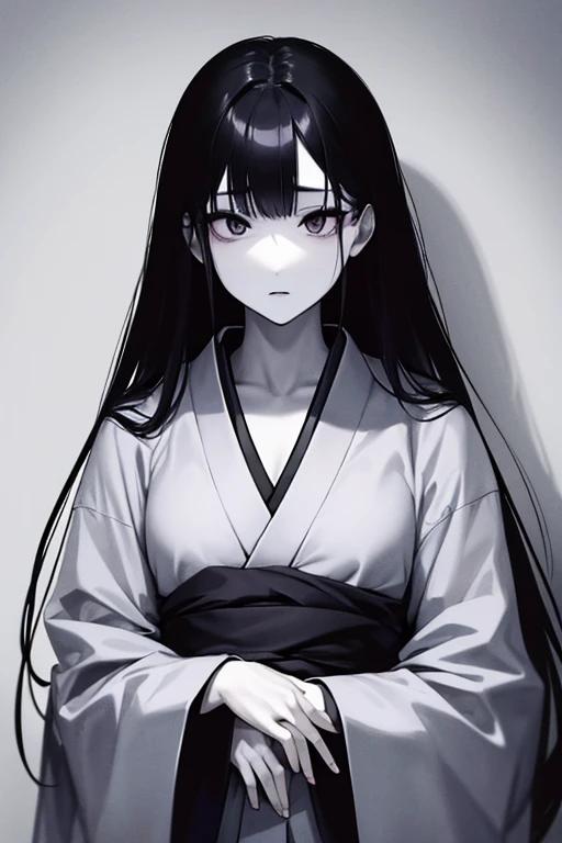 Typical Japanese female spirit Onryo with black eyes and pale skin