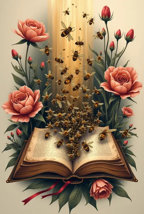 Tattoo of Swarm of bees flowing into a closed bible with flowers