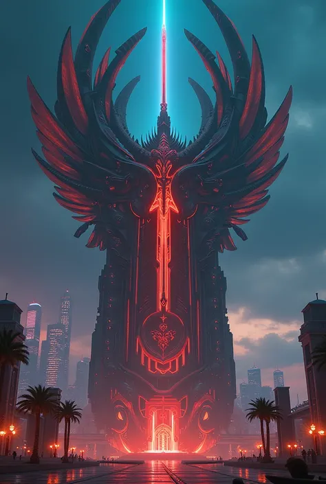 a beautiful palace cyberpunk, aggressive design, rendering 3D, made of plastica and metal, angelic sword themed of decorations, futuriatic style, futuriatic night city background, Red Orange and Blue colors, High like a skycraper , aggressive boor design, ...