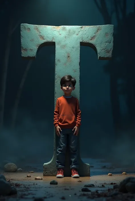 Tushar ward in 3D
 and young boy stail look standing with support of T letter
 ,in dark night


