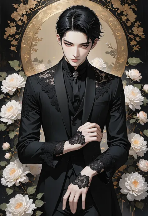 Elegant pale man, black clothes, lace on hands, black hair Man 