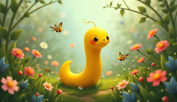  a plain yellow, small worm with simple features, surrounded by various garden creatures like birds, insects, and flowers that dont pay attention to him."