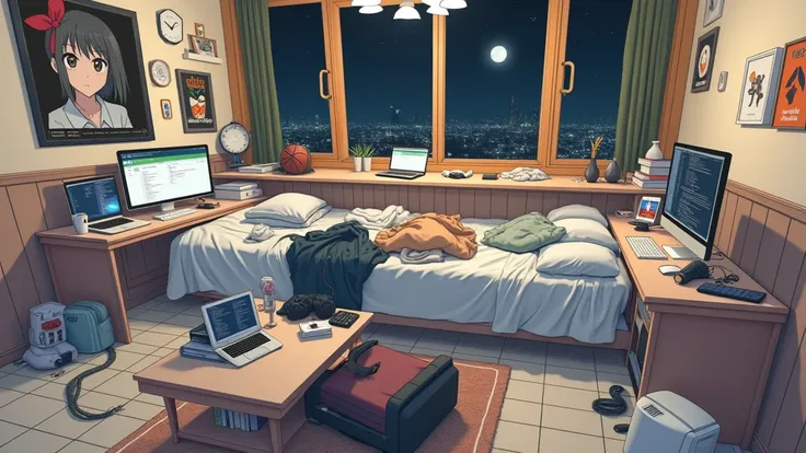 a very large bedroom, one desktop computer with two screens, 2 laptops, 1 phone (no-character:1.4), on the computers screens runs Linux and a development IDE, picture from far, large windows, night outside, one guitar, one basketball ball, clothes thrown o...