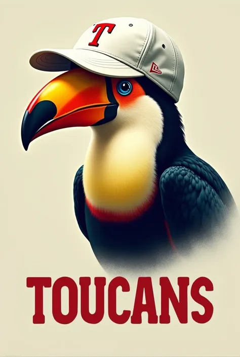 The head of a toucan with a white baseball cap with the letter T on the front and below the head that says "toucans"