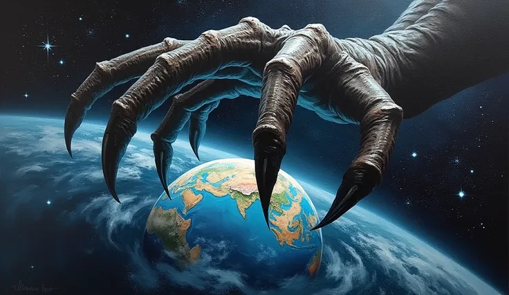 oil painting, claw catching the Earth