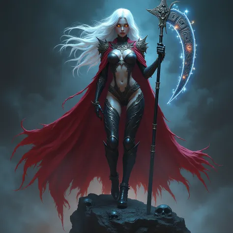 A highly detailed, full-body portrait of an enchanting and fearsome Lady Death character in a dynamic, commanding pose. Her sleek bodysuit, molded to her form, accentuates her muscular physique, exposing her toned midriff. The suit is embellished with intr...