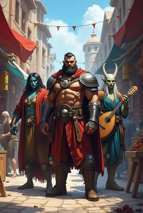 A male half orc barbarian and a Male half elf paladin and a Male water genasi cleric and a Female changeling bard with a oute standing in a medieval city marketplace 