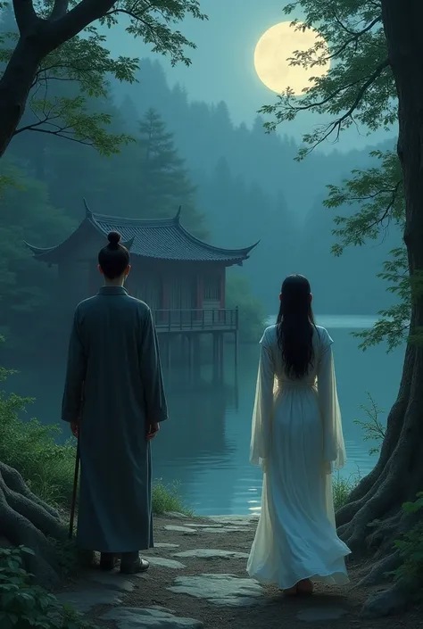 A realistic scene from ancient China, Tang Dynasty. A young woman in white with a tired face walks behind a handsome young man in dark grey. The two of them stop in front of a cottage in the woods by a lake. The atmosphere is dim, with just enough moonligh...