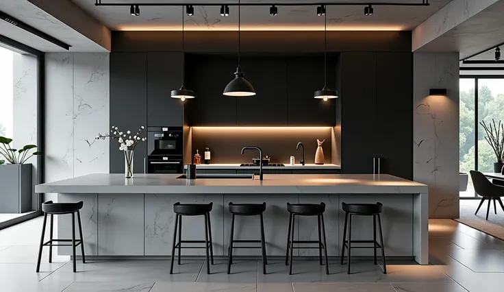 Modern built-in kitchen made of concrete. Black fittings.