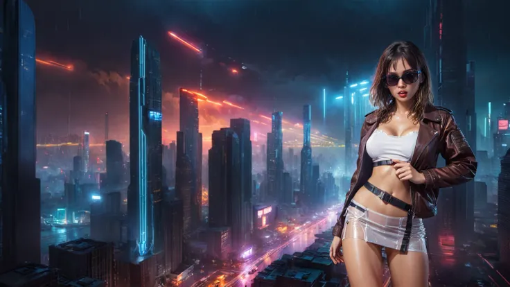 (aerial view), Blade Runner style futuristic city, flying cars, neon lights, rainy night. (1girl, solo, alone), large-breast:1.2 slim body, slim face, cleavage:1.1, sexy laced lingerie, very low angle view miniskirt, jacket, (black sunglasses), (holding a ...