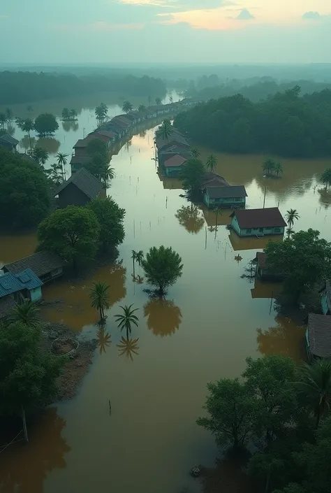 Villages drowning in floods in the evening drone view 