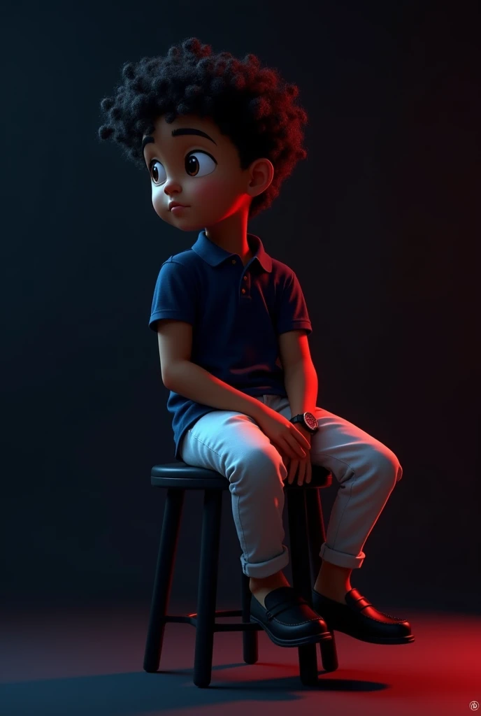 A  tan boy with jour line  and black curly hair  and navy blue polo t shirt and white long trousers and old watch on it and black loafers sitting on black stool and black background red and blue light on it. the boy turning right side  