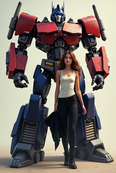 One with long brown hair and brown eyes with a white tank top and a black coat in her hand With black pants and black boots Next to her is Optimus Prime Transformers 