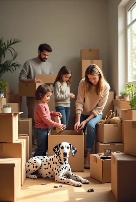 Family in a room full of cardboard boxes packing things in one of them with a Dalmatian dog lying nearby