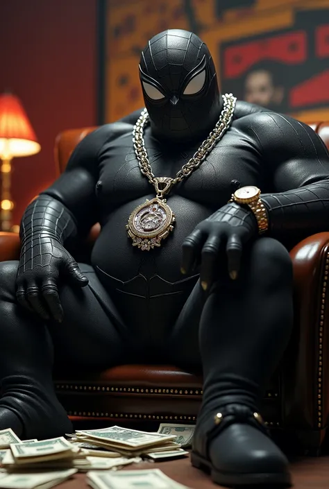 Fat belly spider-man black suit and mask with a silver necklace on his neck and a lot of money next to him and a rolex watch in his hand and a ring in his hand with rap style in the studio