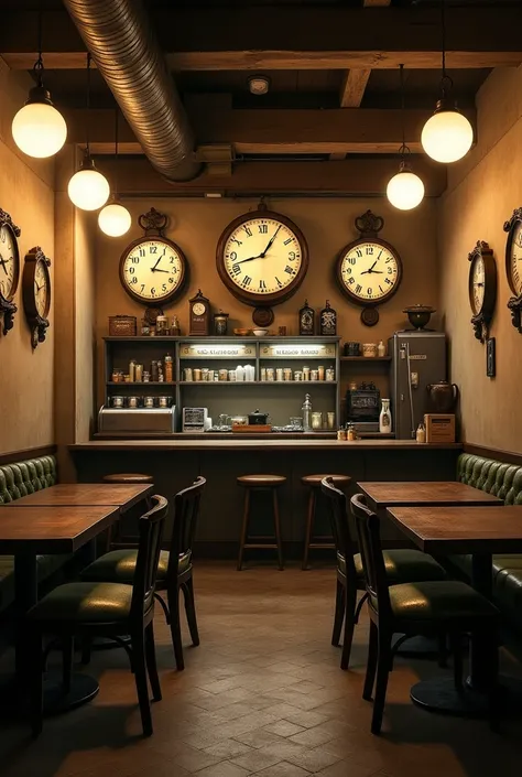 an underground Japanese coffee shop built in 1800, windowless, with six domed lights hanging from the ceiling, tinged with a sepia tone on the inside, on the wall of the cafeteria there were three large, old wall clocks, each with a different schedule, the...