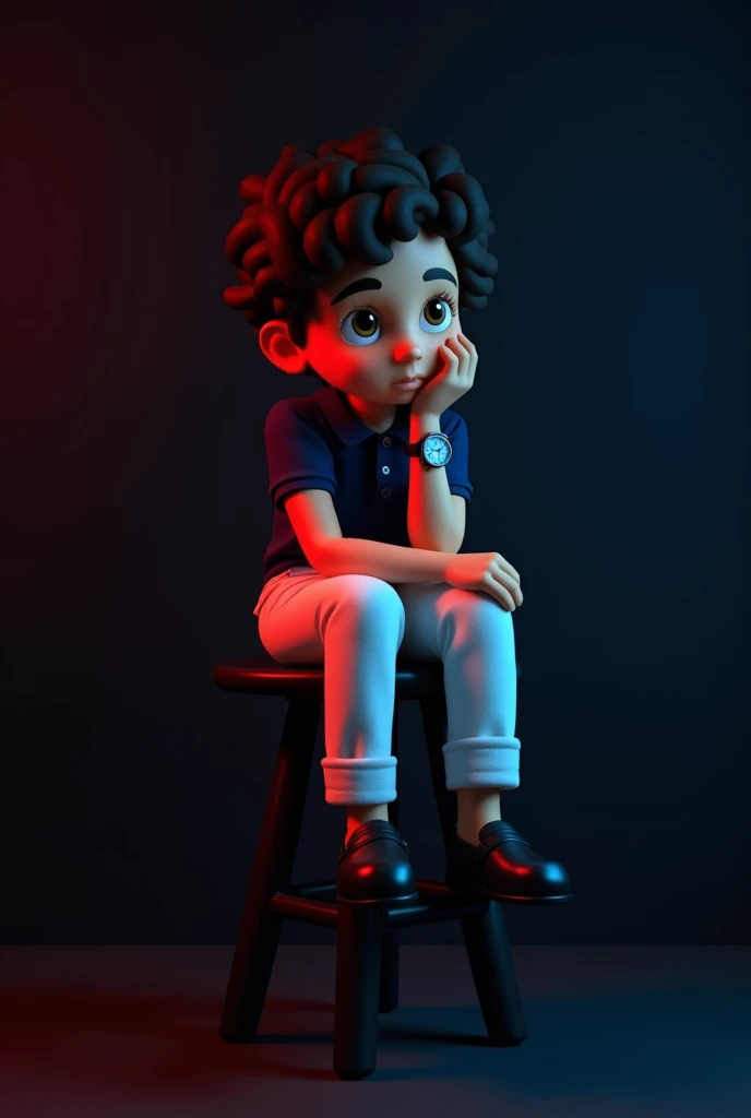 A young  tan boy with and black curly hair  and navy blue polo t shirt and white long trousers and old watch on it and black loafers sitting on black stool and black background red and blue light on it. the boy turning right side  