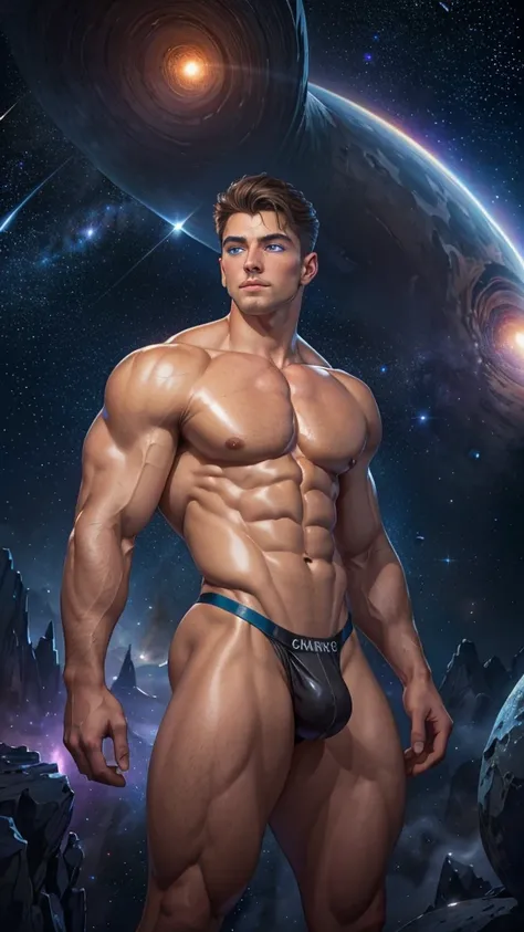 (masterpiece, high resolution, detailed:1.3), a mesmerizing depiction of a (strikingly handsome young man:1.2) donning (wearing sleek and form-fitting thong, bulge:1.5), LED internal lighting, glowing blue iris, muscular, standing against the backdrop of t...