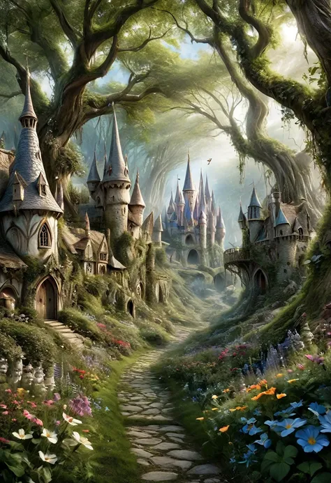 (Realistic:1.2), (whimsical:1.2), (((extremely detailed))), ((no close-up)), ((masterpiece)), (((middle shot, center, colorfull))), a Pixie, mythological, looks epic, fairytale atmosphere, intricate and detailed unreal fairy village on background, in motio...