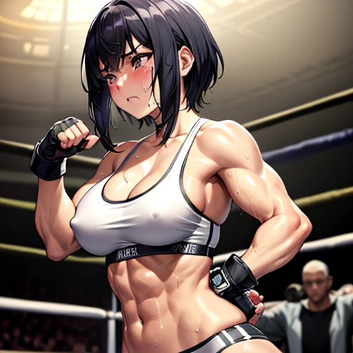 she is guarding, her body and face are taking a lot of punches and kicks from another girl. a bloody crying beautiful Japanese female heavyweight fighters is cornered in a wire fence. in the octagon fighting ring of underground arena with audience. she is ...